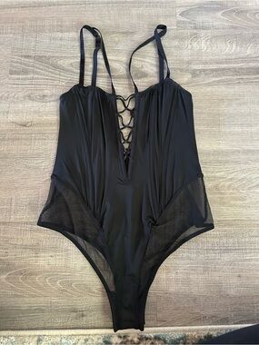 Black Lace-Up Mesh One-piece Bodysuit